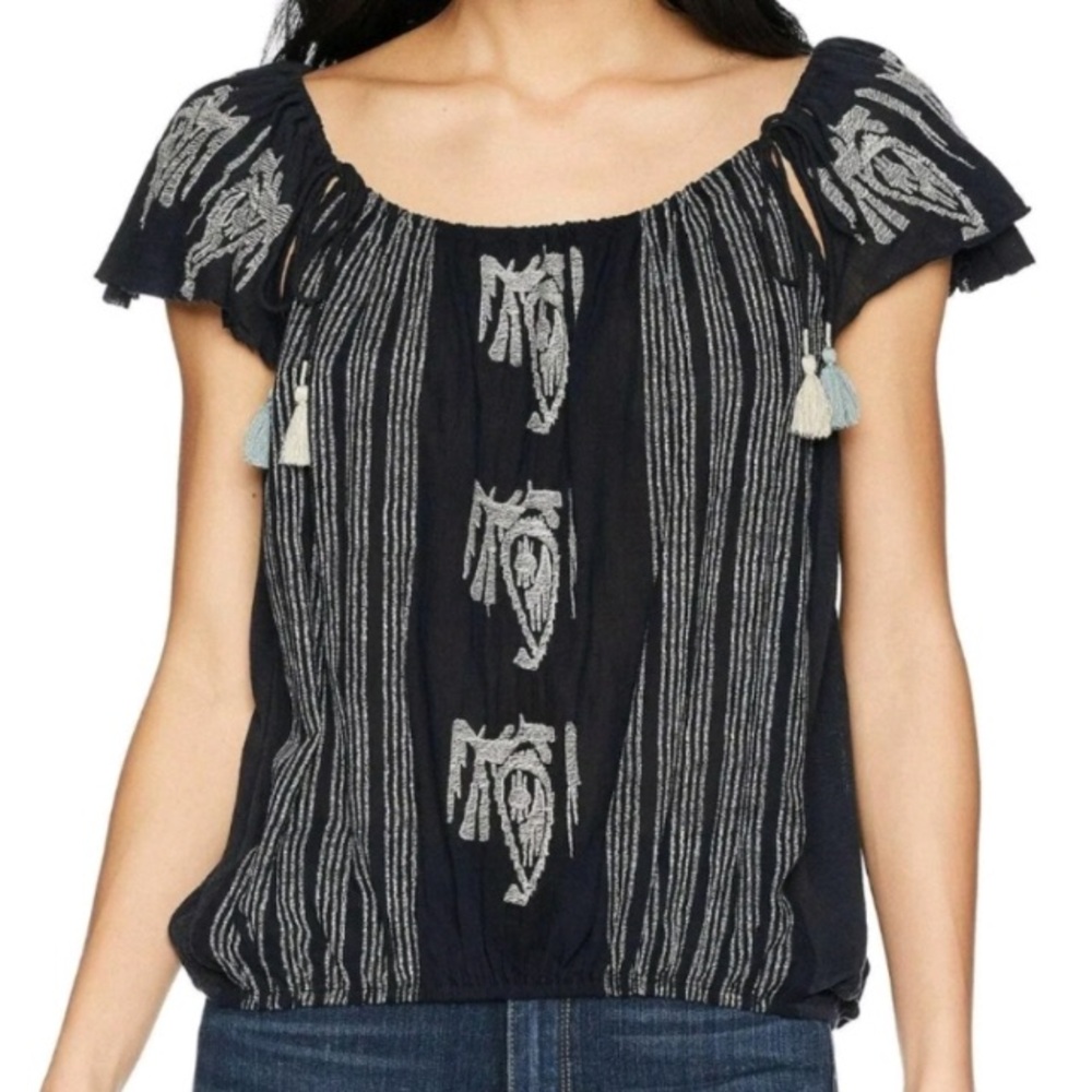 Free People Pukka Top Tee Black Dark Grey S Printed Embroidered Bohemian